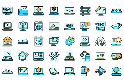 Laptop repair icons set line color vector