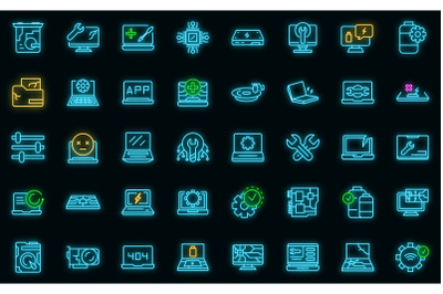 Laptop repair icons set vector neon