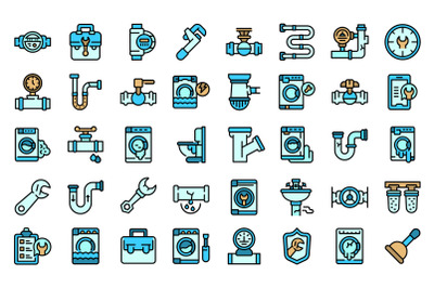 Washing machine repair icons set line color vector