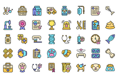 Veterinary clinic icons set line color vector