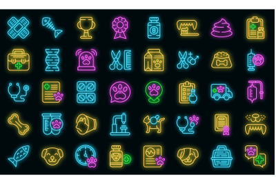 Veterinary clinic icons set vector neon