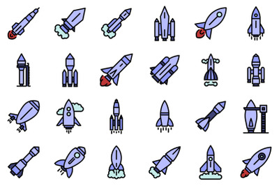 Spacecraft launch icons set line color vector