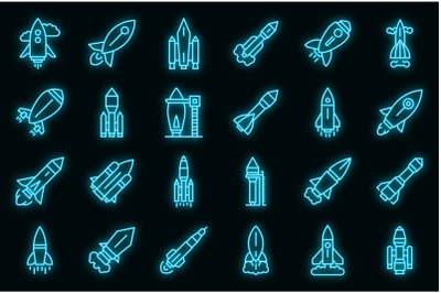 Spacecraft launch icons set vector neon