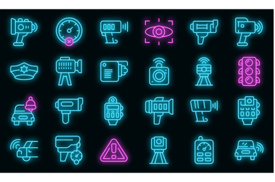 Speed radar icons set vector neon