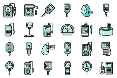 Ph meter icons set line color vector