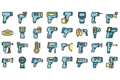 Laser thermometer icons set line color vector