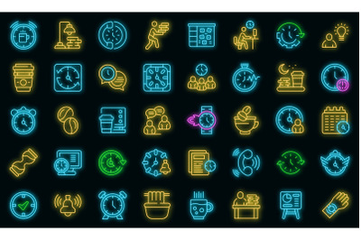 Late work icon set neon vector