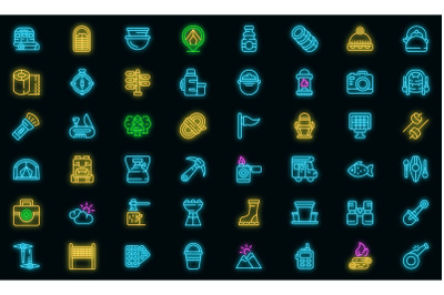 Campsite icon set neon vector