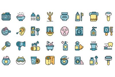 Morning treatments icons set line color vector