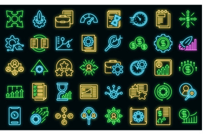 Performance management icons set vector neon