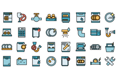 Repair dishwasher icons set line color vector