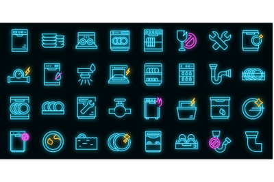 Repair dishwasher icons set vector neon