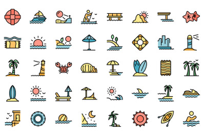 Seaside icons set line color vector