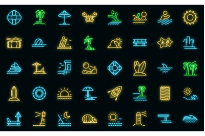 Seaside icons set vector neon