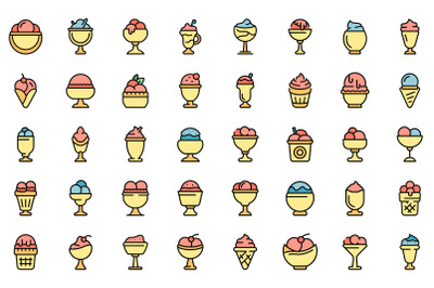 Gelato bowl icons set line color vector