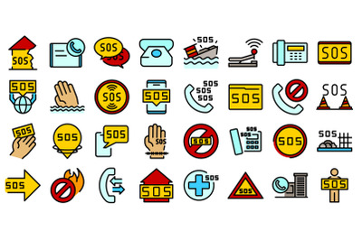 Sos icons set line color vector