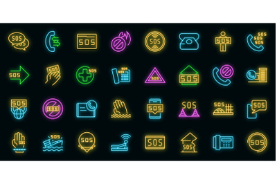 Sos icons set vector neon