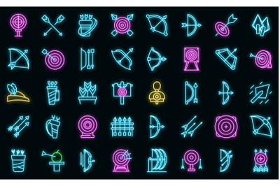 Archery competition icons set vector neon