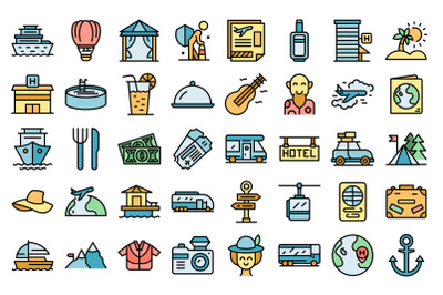 Retirement travel icons set line color vector