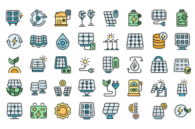 Solar panels icons set line color vector