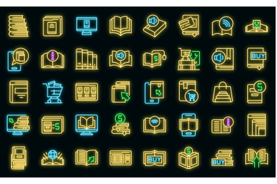 Online bookstore icons set vector neon