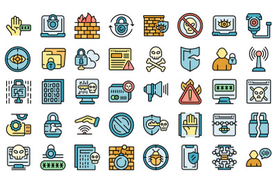 Stop theft icons set line color vector