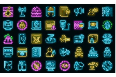 Stop theft icons set vector neon