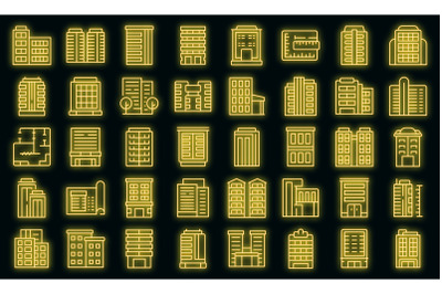 Multistory building icons set vector neon