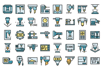 Cnc machine icons set line color vector