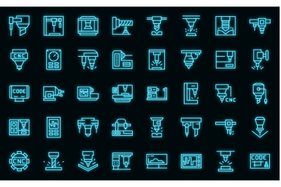 Cnc machine icons set vector neon