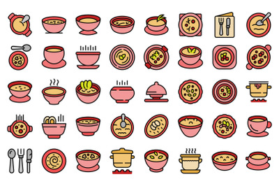 Cream soup icons set line color vector