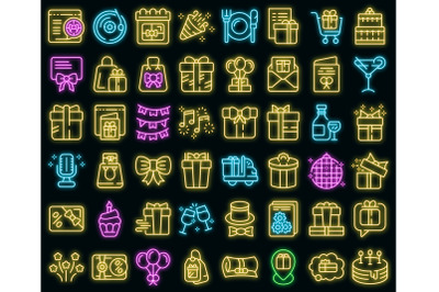 Birthday gift icons set vector neon