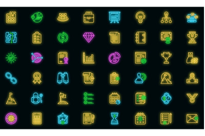 Successful business icons set vector neon