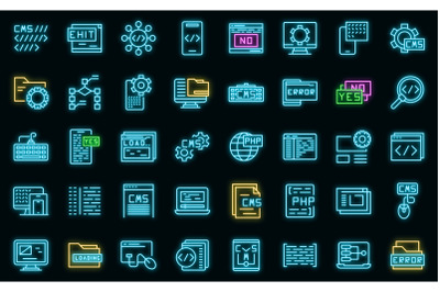 Cms development icons set vector neon