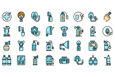 Medical oxygen concentrator icons set vector flat