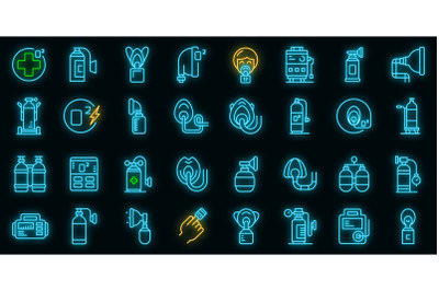 Medical oxygen concentrator icons set vector neon