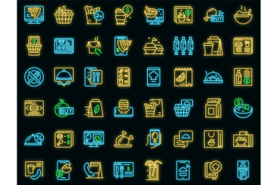 Online food ordering icons set vector neon