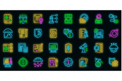 Risk management icons set vector neon