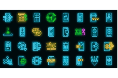 Mobile apps icons set vector neon