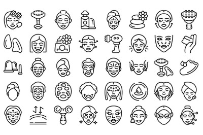 Facial massage icons set outline vector. Face skin