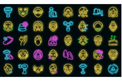 Facial massage icons set vector neon