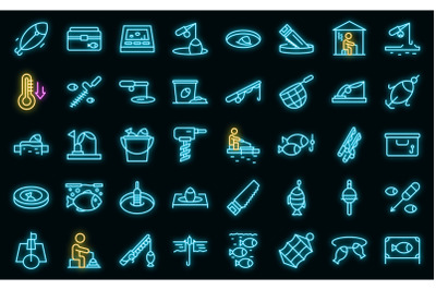 Ice fishing icons set vector neon