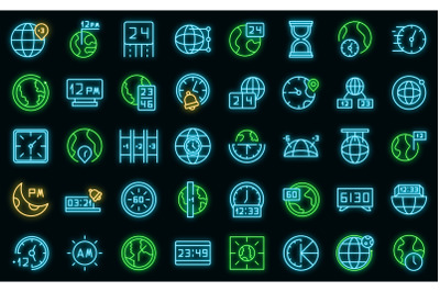 Time zones icons set vector neon