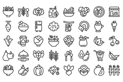 Vegetarianism icons set outline vector. Vegan fruit