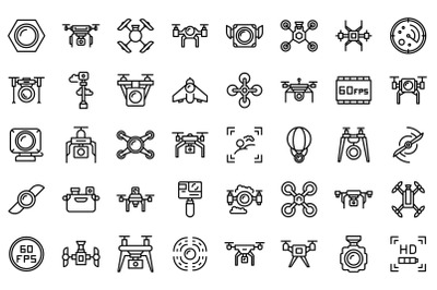 Aerial videography icons set outline vector. Drone camera