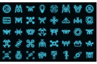 Aerial videography icons set vector neon