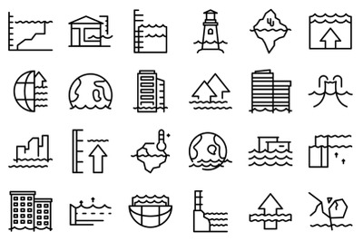 Sea level rise icons set outline vector. Water nature