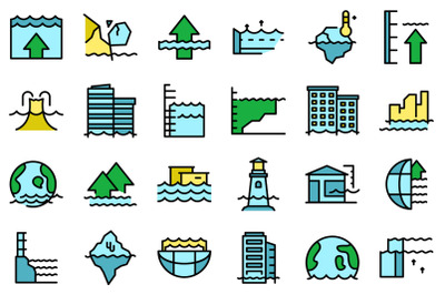 Sea level rise icons set vector flat