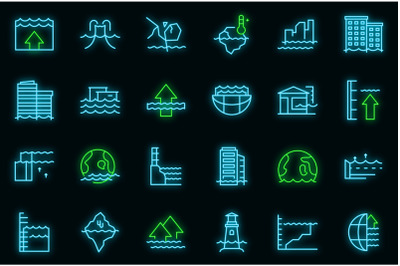 Sea level rise icons set vector neon