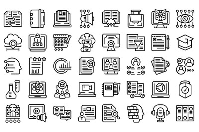 Learning management system icons set outline vector. Laptop machine